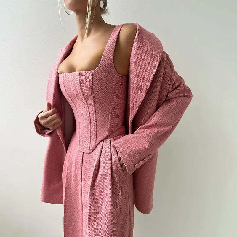 Damskie Spodnie Garnitur | Top Corset, Blazer i Spodnie Proste