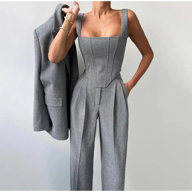 Damskie Spodnie Garnitur | Top Corset, Blazer i Spodnie Proste