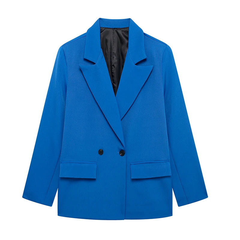 Damski kardigan blazer dwurzędowy długi rękaw z kieszeniami vintage