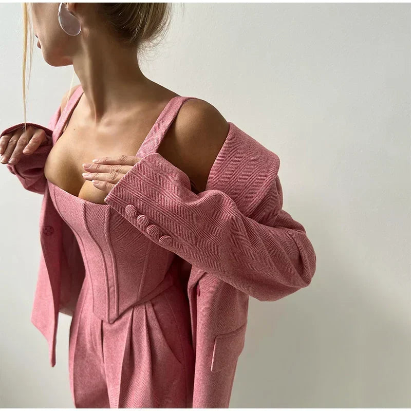 Damskie Spodnie Garnitur | Top Corset, Blazer i Spodnie Proste
