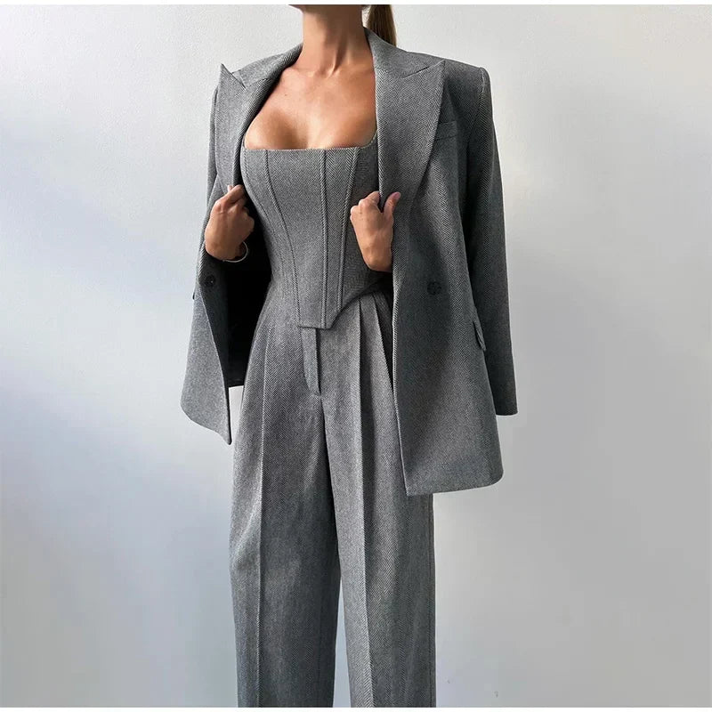 Damskie Spodnie Garnitur | Top Corset, Blazer i Spodnie Proste