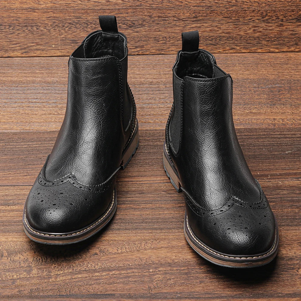 Męskie klasyczne botki Chelsea - styl brogue - ponadczasowy design