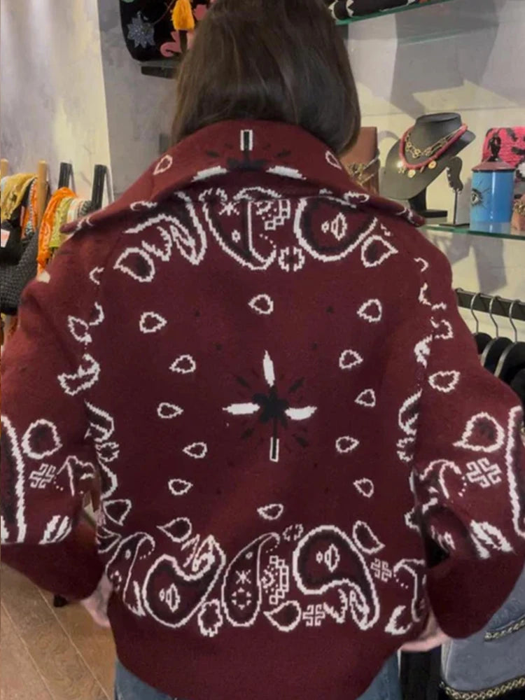 Damski dzianinowy kardigan jacquard z zamkiem i stójką luźny krój