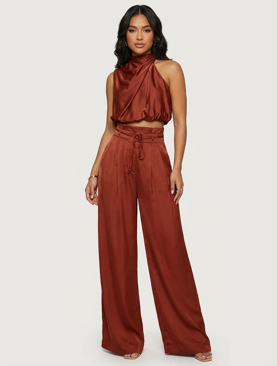 Dwuczęściowy Satynowy Komplet | Halter Top i Szerokie Spodnie