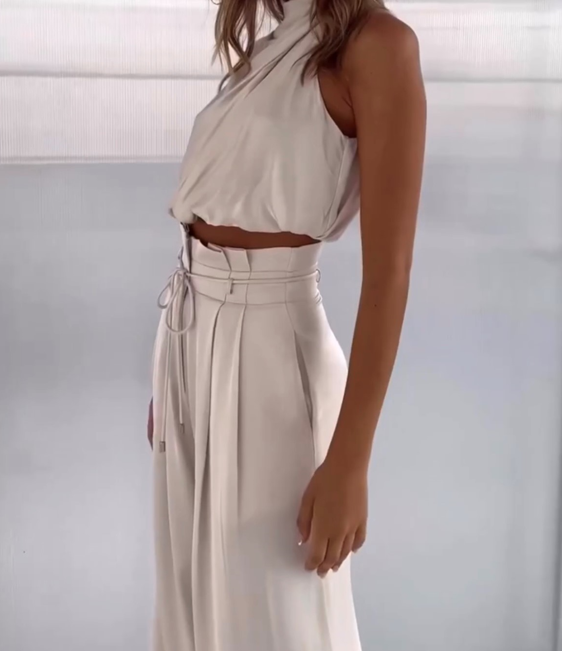Dwuczęściowy Satynowy Komplet | Halter Top i Szerokie Spodnie