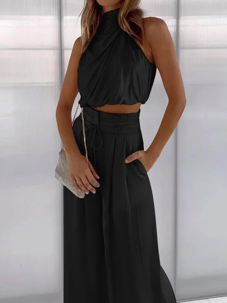 Dwuczęściowy Satynowy Komplet | Halter Top i Szerokie Spodnie