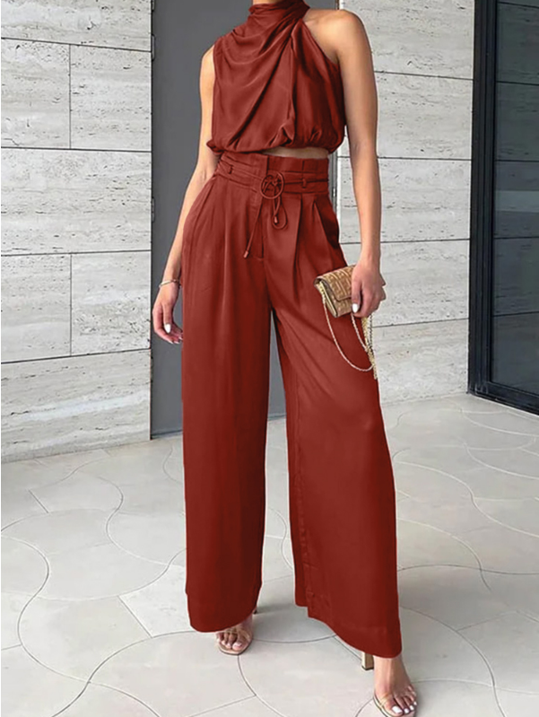 Dwuczęściowy Satynowy Komplet | Halter Top i Szerokie Spodnie