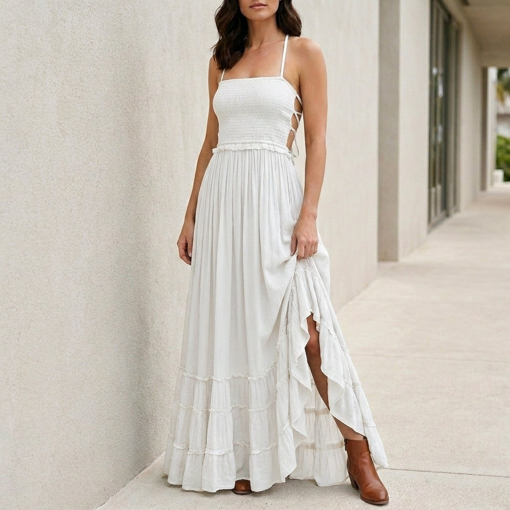 Sukienka Maxi | Otwarte Plecy, Zbierany Top | Letni Styl Boho