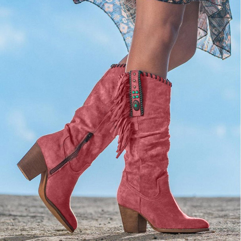 Kowbojskie Buty | Wysokie, Frędzle, Zamek | Brązowe