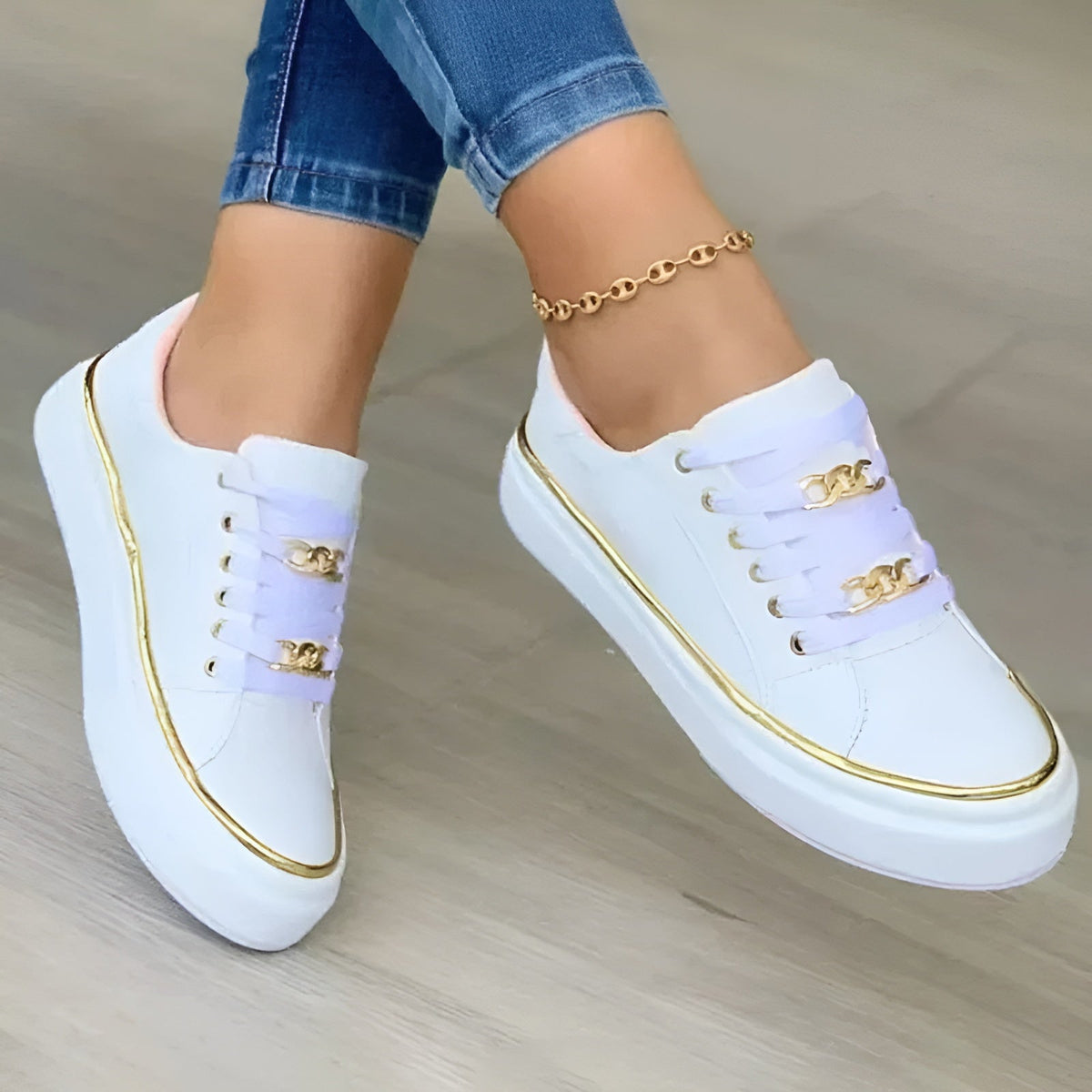 Women orthopedic sneakers lace up with gold chain accent details