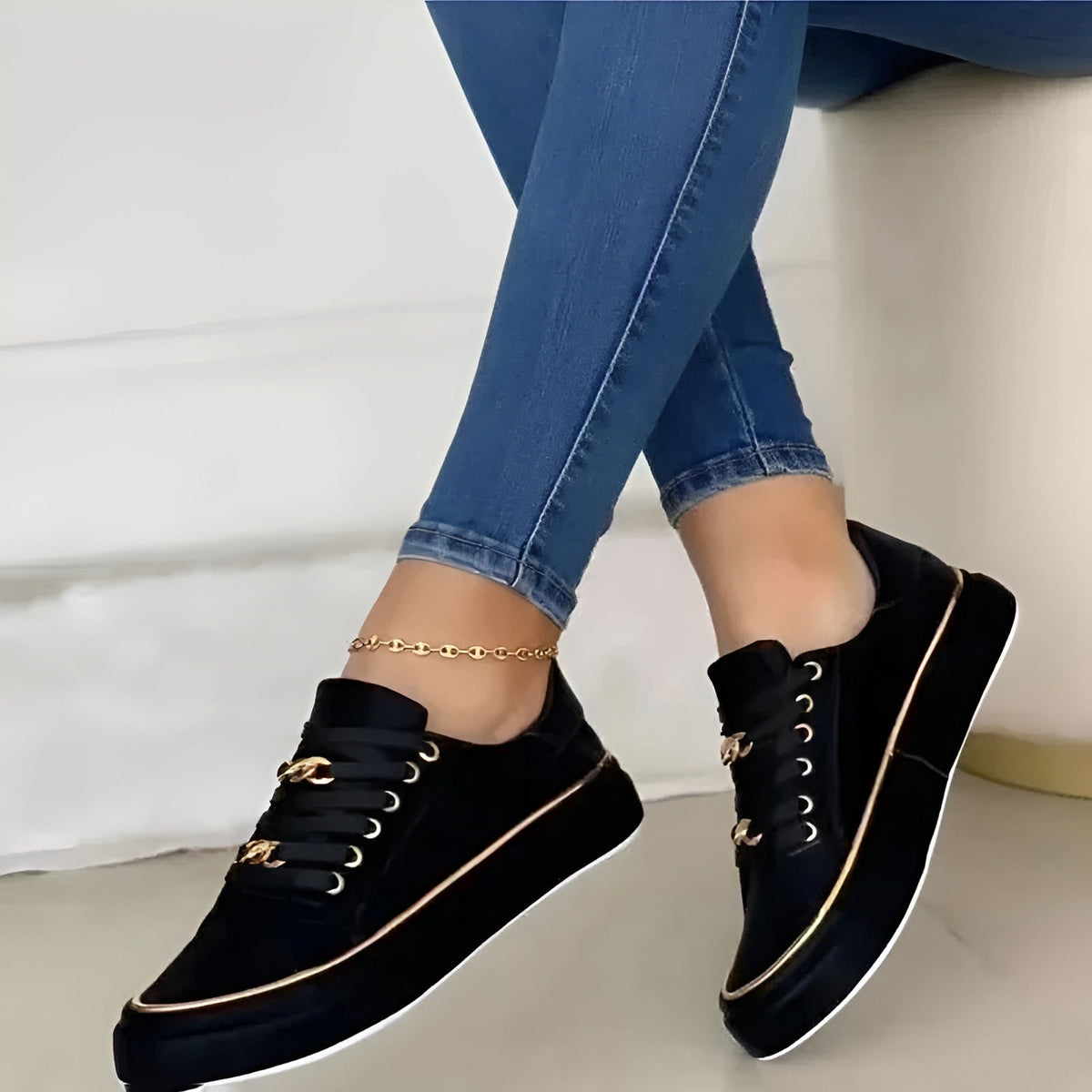 Women orthopedic sneakers lace up with gold chain accent details