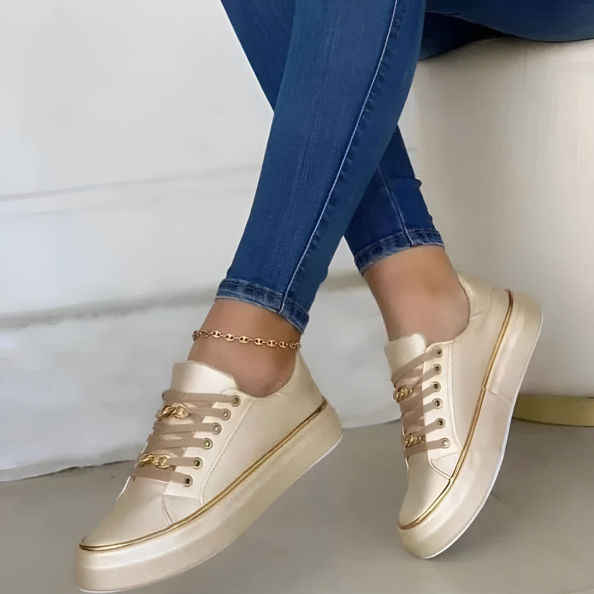 Women orthopedic sneakers lace up with gold chain accent details