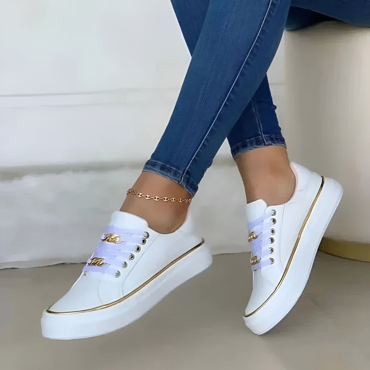 Women orthopedic sneakers lace up with gold chain accent details