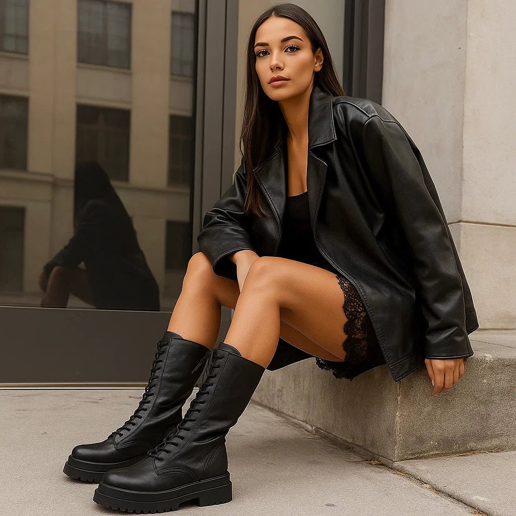 Czarne Botki Damskie Wysokie na Podeszwie Track - vivano - warszawa