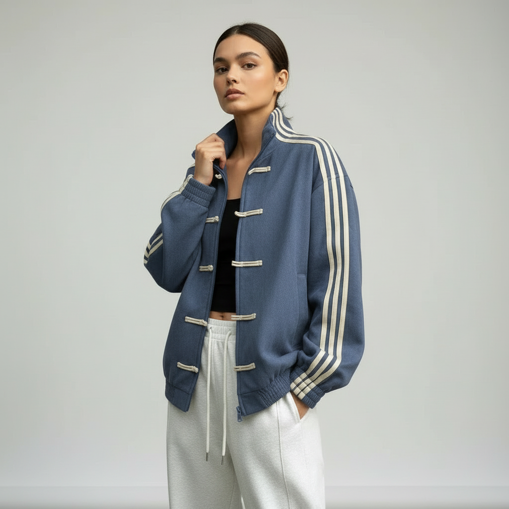 Damska bluza dresowa retro sportowa z guzikami i kontrastującymi paskami