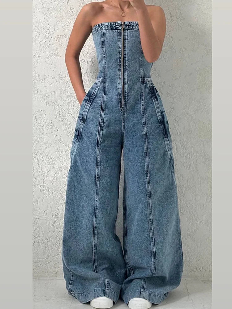 Kombinezon damski | Denim z pilotem, zamek błyskawiczny