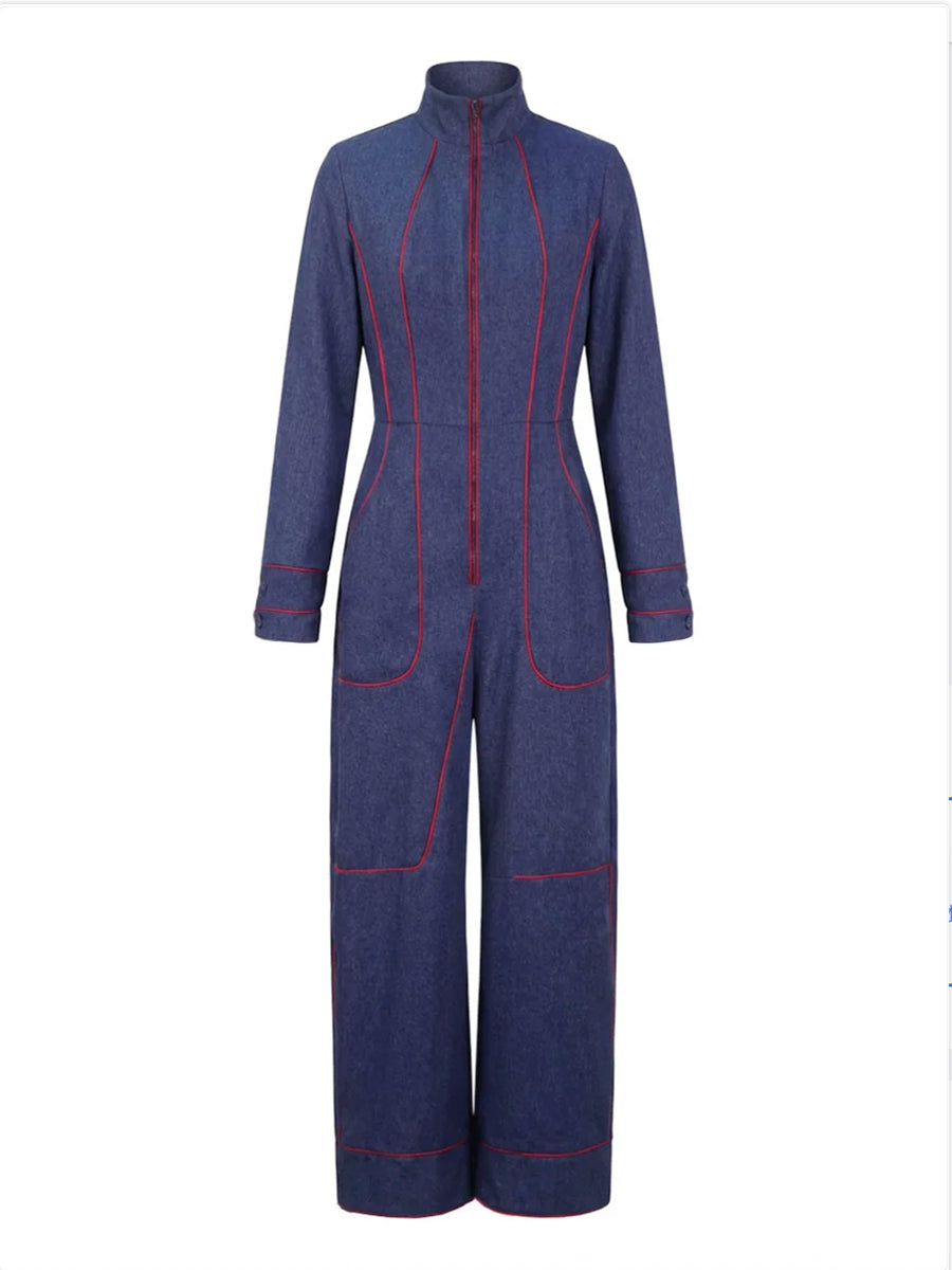 Kombinezon denim | Szerokie nogawki, długie rękawy, stójka