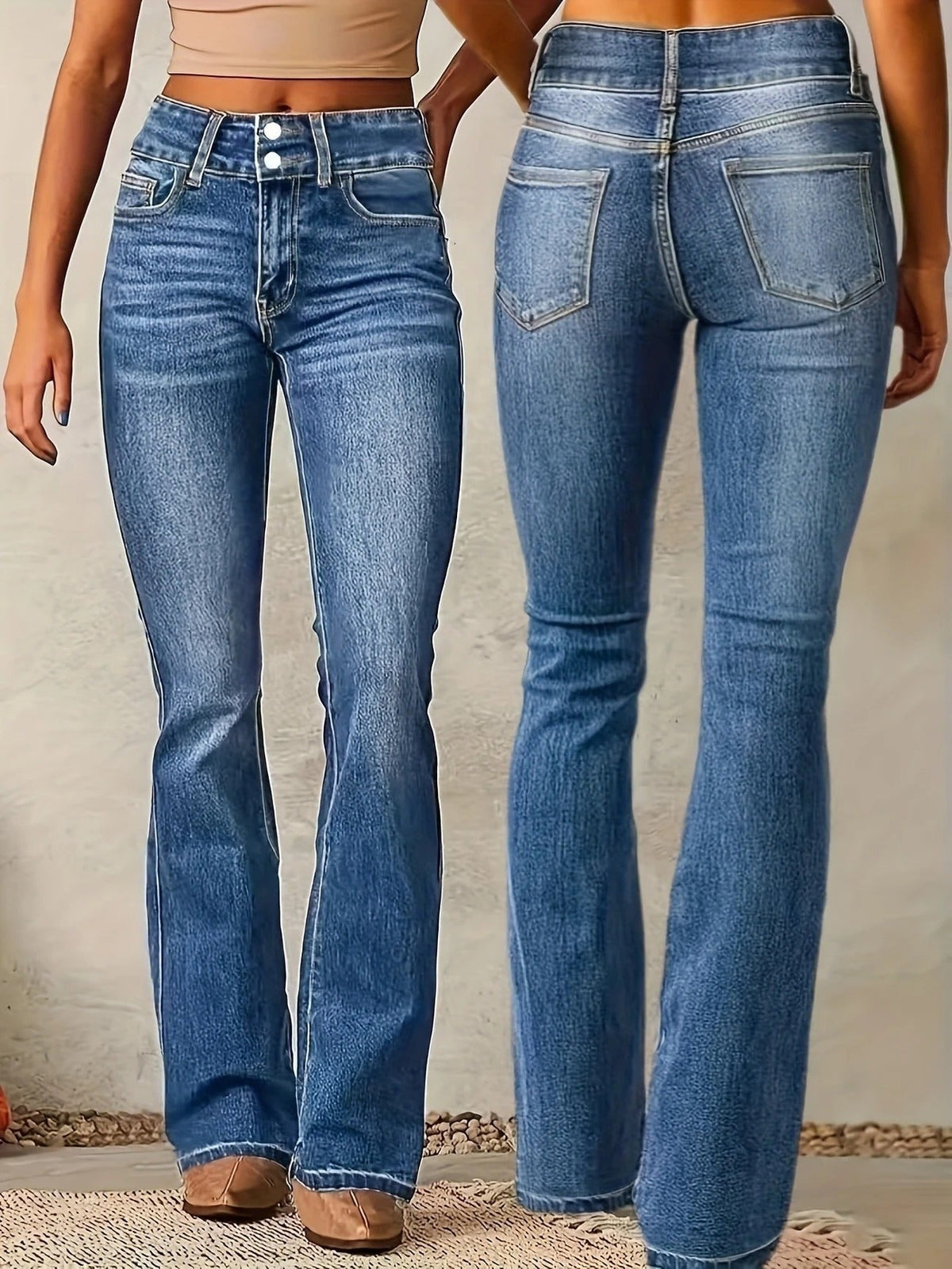 Damskie dżinsowe spodnie dzwony high waist dopasowane niebieskie
