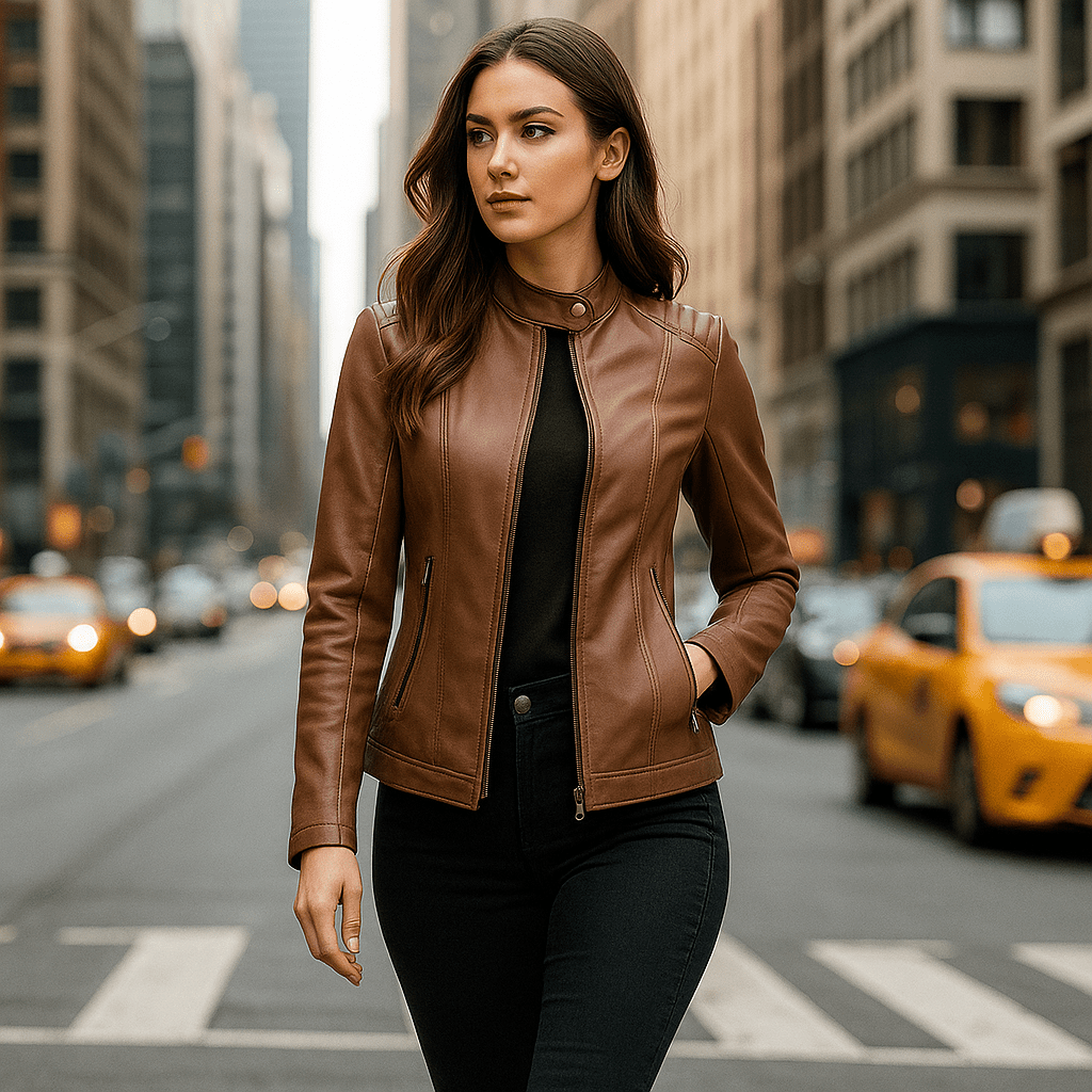 Damska Kurtka Skórzana - Elegancki Design - Kołnierz Mao - Komfort - vivano - warszawa