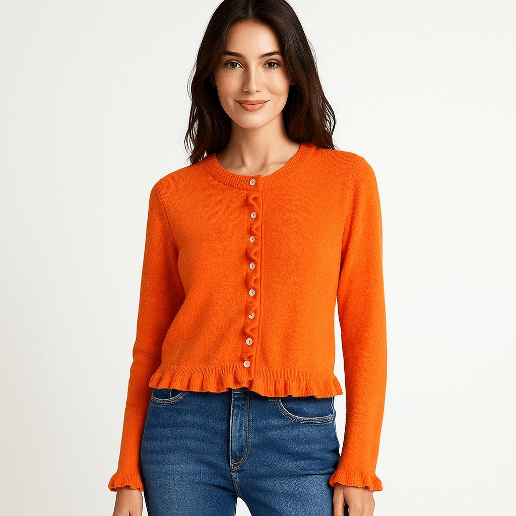 Damski Kardigan - Rękaw Ruffles - Guziki - Stylowy Komfort - vivano - warszawa