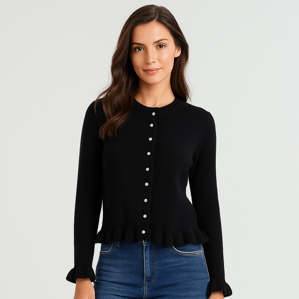 Damski Kardigan - Rękaw Ruffles - Guziki - Stylowy Komfort - vivano - warszawa