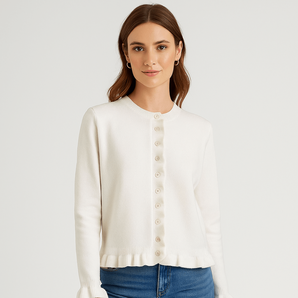 Damski Kardigan - Rękaw Ruffles - Guziki - Stylowy Komfort - vivano - warszawa