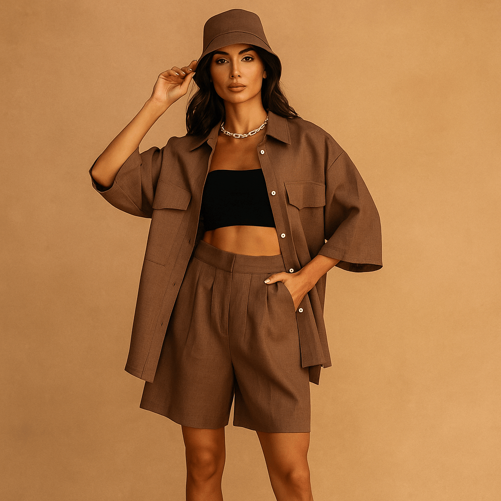 Damski Zestaw Bluzki i Szortów - Luźny Krój - Praktyczne Kieszenie - vivano - warszawa