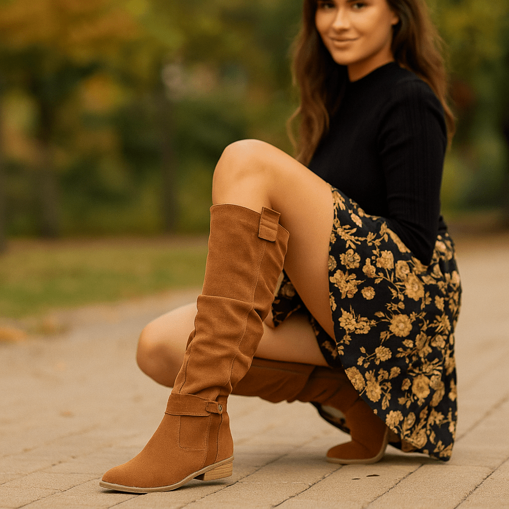 Damskie Kozaki - Zamszowe Wykończenie - Niski Obcas - Okrągły Nos - Zapięcie Z Boku - Detal Z Klamrą - vivano - warszawa