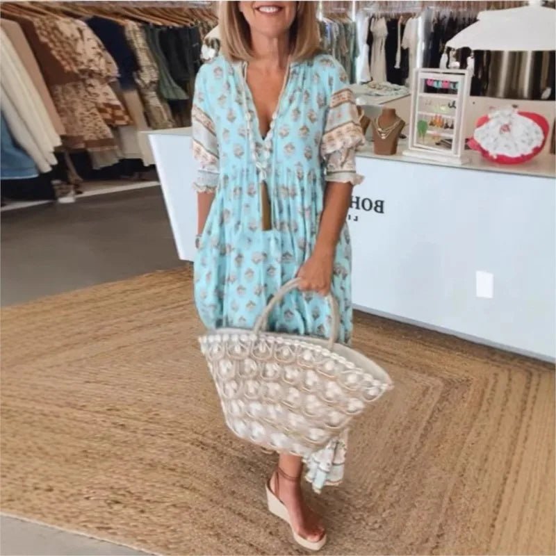 Długa sukienka boho z dekoltem V i luźnym krojem - vivano - warszawa