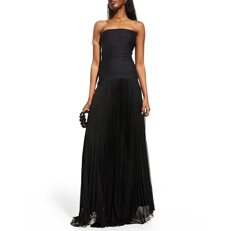 Długa wieczorowa sukienka bez ramiączek z plisowanym dołem - vivano - warszawa