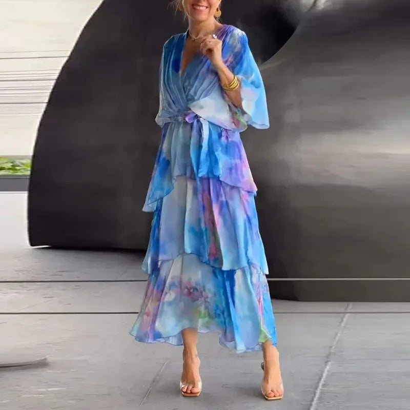 Długa zwiewna sukienka z falbanami i wiązaniem w talii - vivano - warszawa