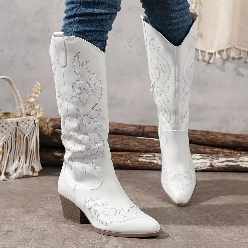 Kowbojskie Buty Damskie | Zamsz, Haft, Średni Obcas