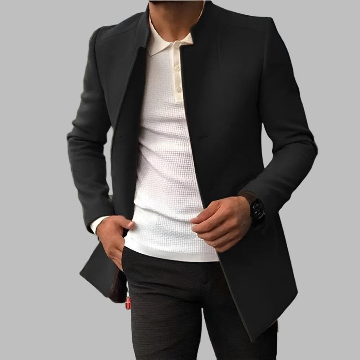 Męski wełniany płaszcz slim fit ze stójką
