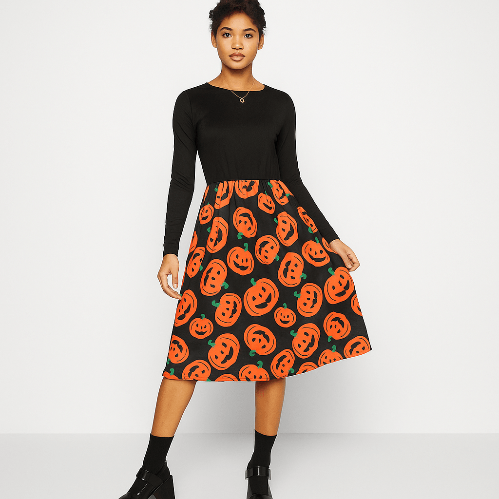Emilia Halloween Midi Sukienka - Straszny Wzór Dyni - Unikalny Styl - vivano - warszawa