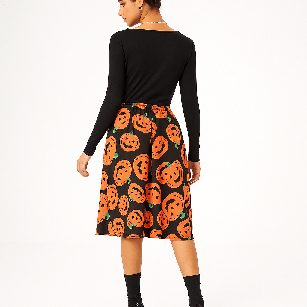 Emilia Halloween Midi Sukienka - Straszny Wzór Dyni - Unikalny Styl - vivano - warszawa