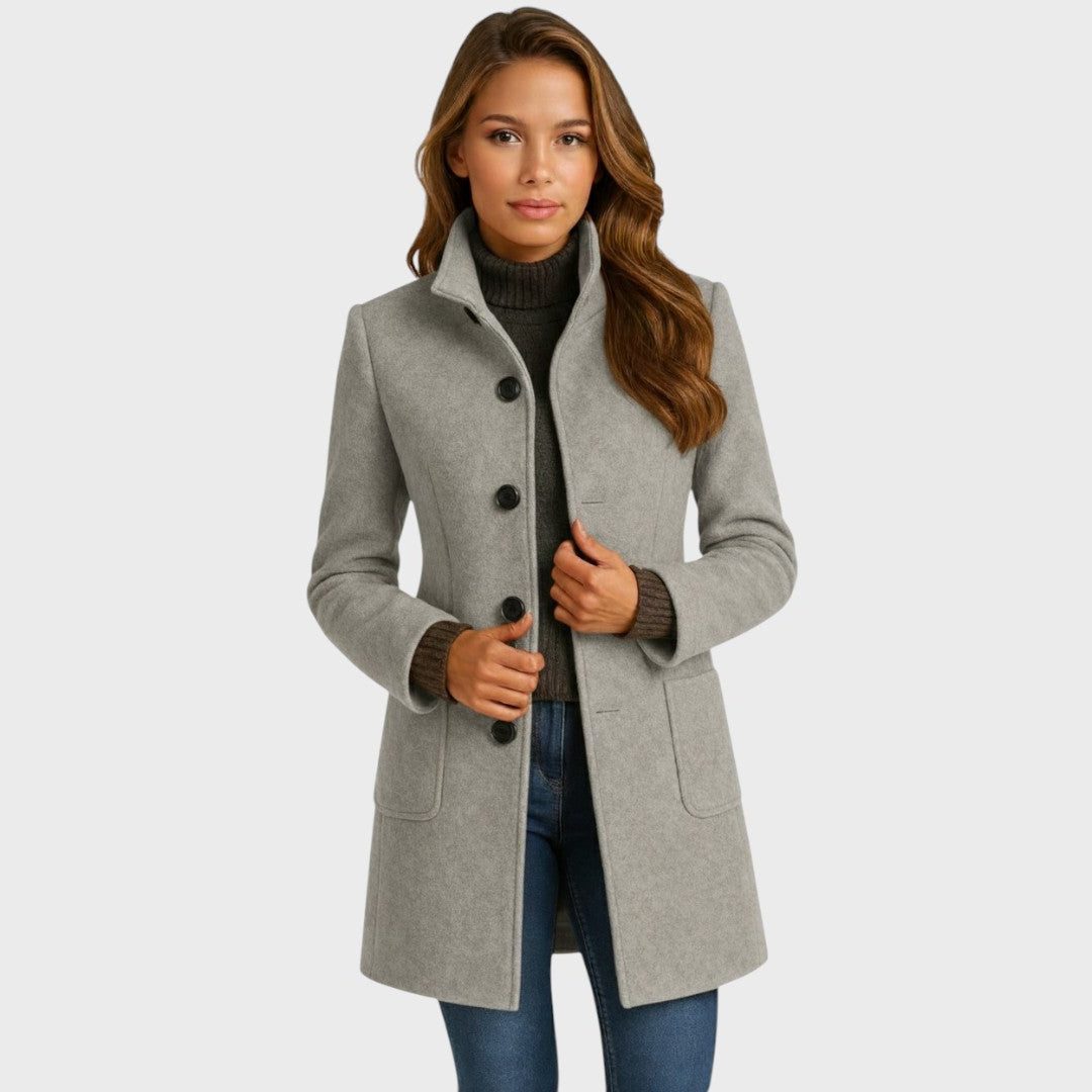 Płaszcz damski | Długi, wełniany, taliowany | Elegancki, zapinany na guziki