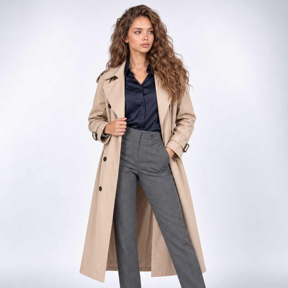 Trencz damski | Klasyczny długi płaszcz dwurzędowy | Elegancki fason