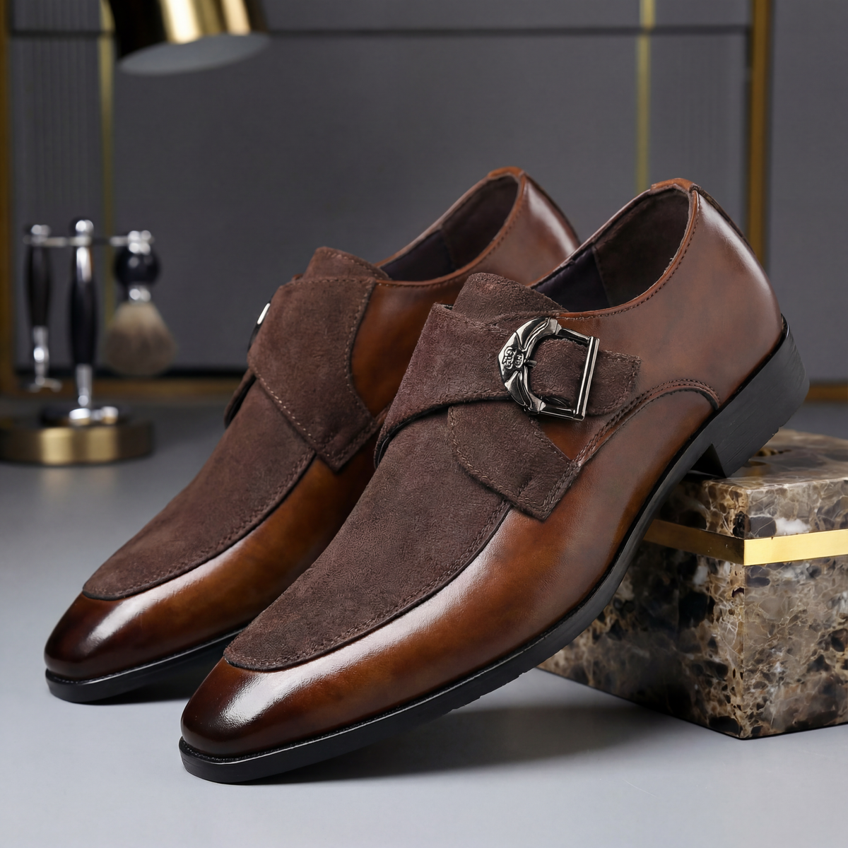 Męskie Buty Wizytowe Daim Monk Strap Czubek Ostry