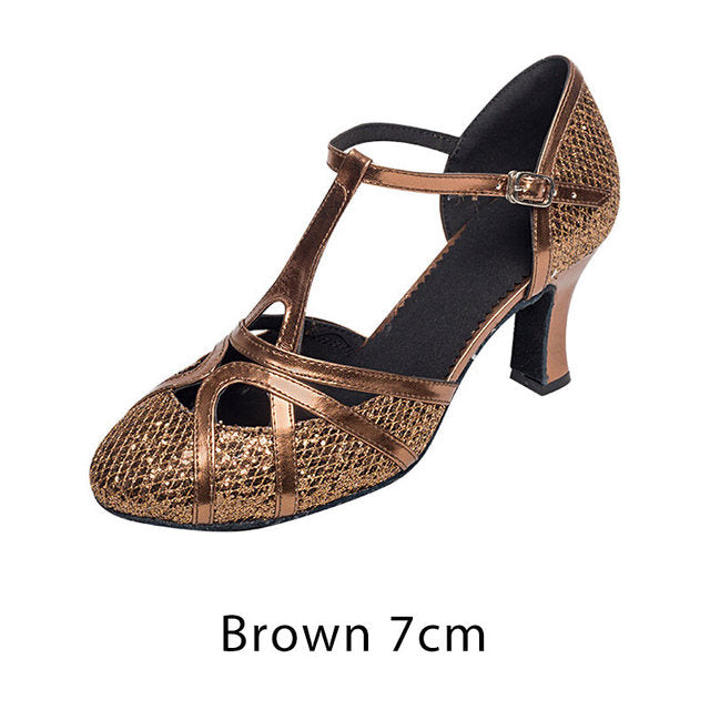 Buty do tańca łacinskiego damskie czółenka z brokatem obcas 7cm