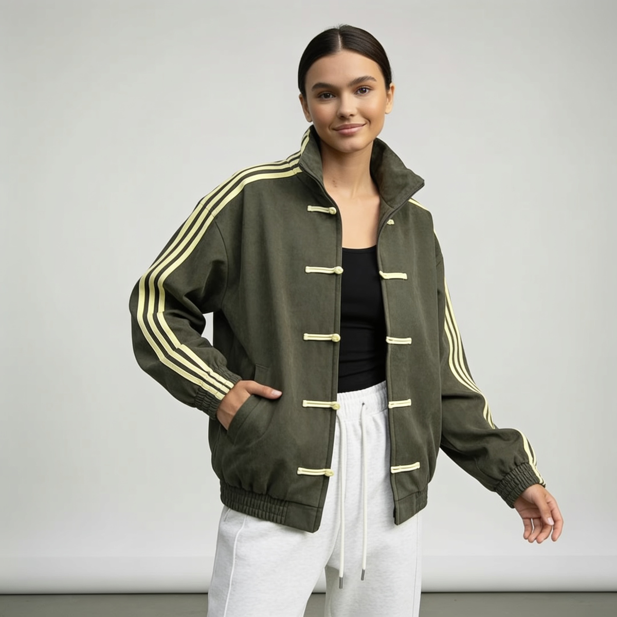 Damska bluza dresowa retro sportowa z guzikami i kontrastującymi paskami