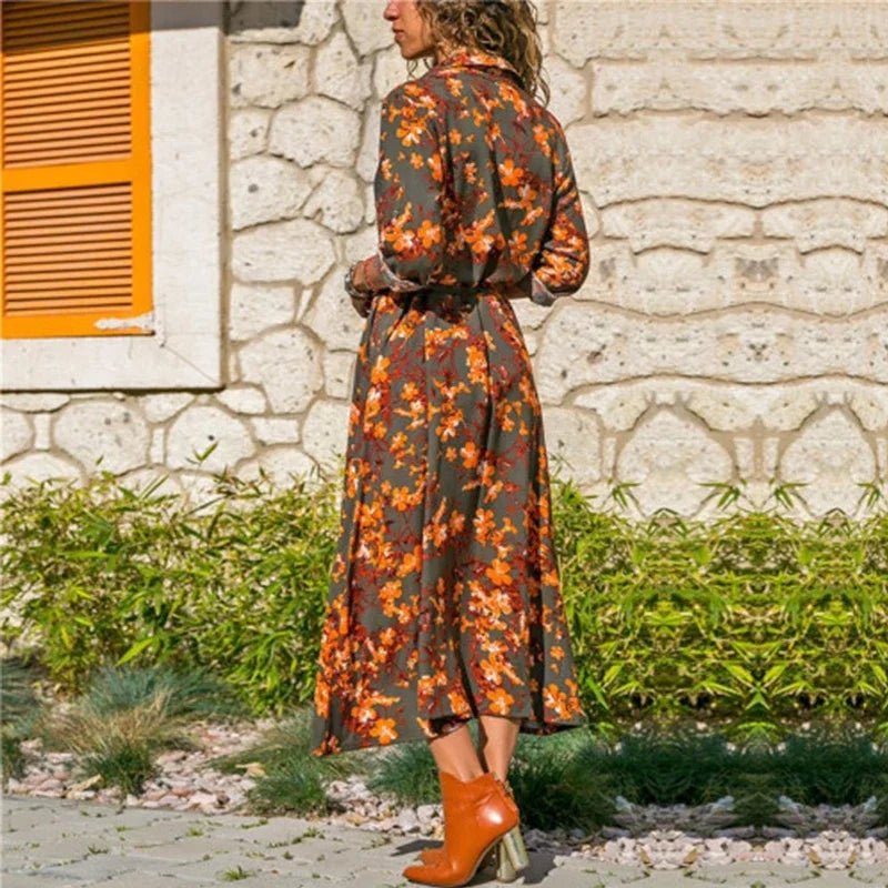 Jesienna Sukienka Maxi w Kwiatowy Wzór z Kołnierzykiem - vivano - warszawa