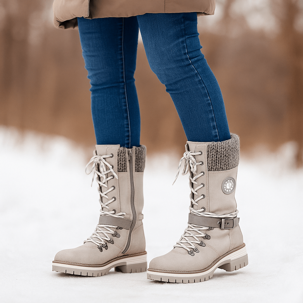 Kobiece Botki do Łydki - Skórzany Wygląd - Sznurowadła i Zamek - Antypoślizgowa Podeszwa - vivano - warszawa