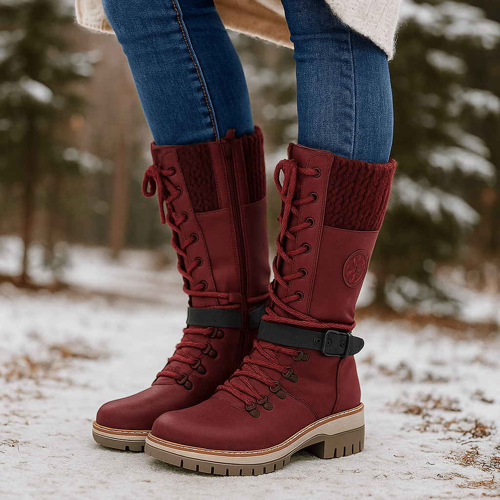 Kobiece Botki do Łydki - Skórzany Wygląd - Sznurowadła i Zamek - Antypoślizgowa Podeszwa - vivano - warszawa