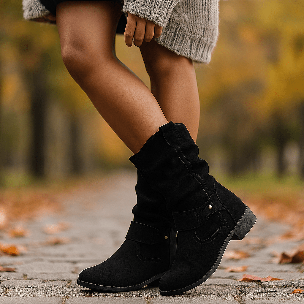 Kobiece Botki do Łydki - Zamszowe Wykończenie - Słupkowe Obcasy - Luźny Krój - vivano - warszawa