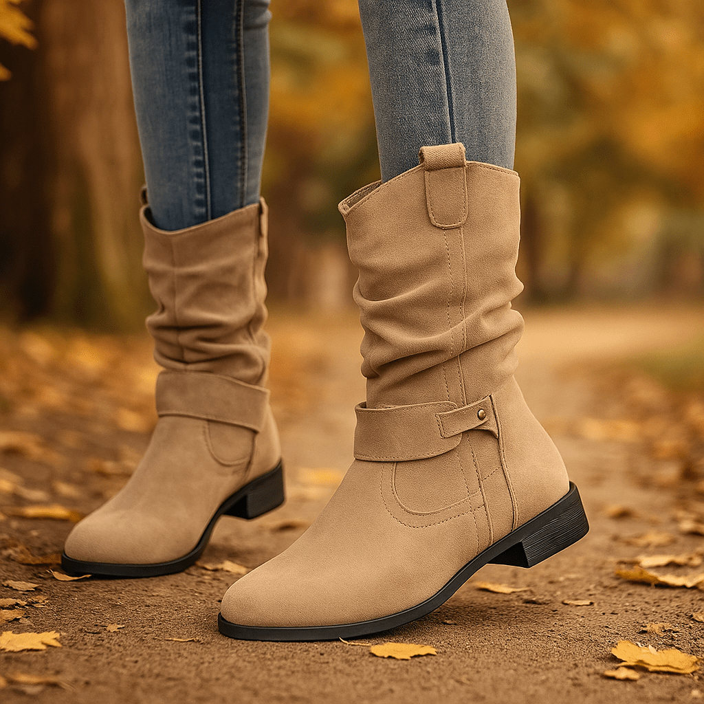 Kobiece Botki do Łydki - Zamszowe Wykończenie - Słupkowe Obcasy - Luźny Krój - vivano - warszawa