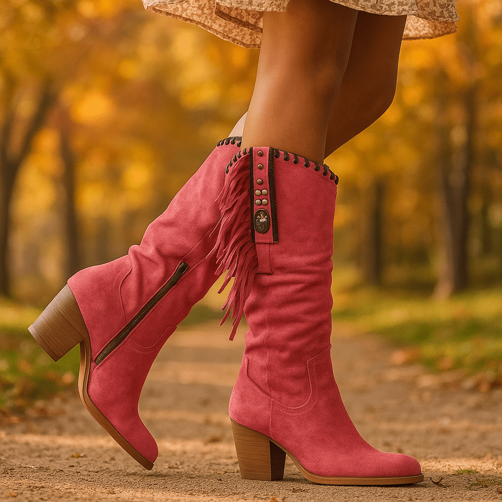 Kobiece Botki z Zamszu do Łydki – Frędzle – Słupkowy Obcas – Western Boho - vivano - warszawa