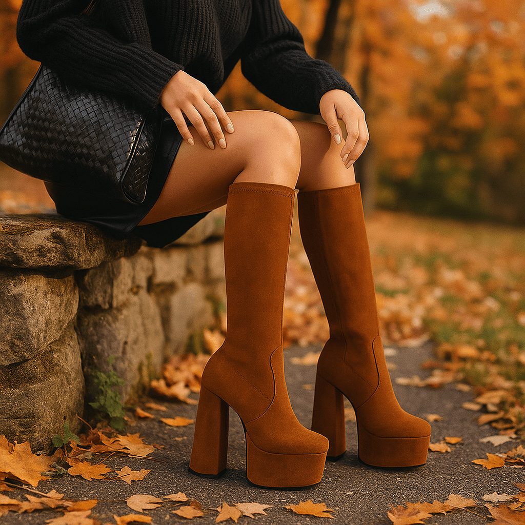 Kobiece Kozaki do Kolan – Zamsz – Gruby Obcas – Platforma - vivano - warszawa