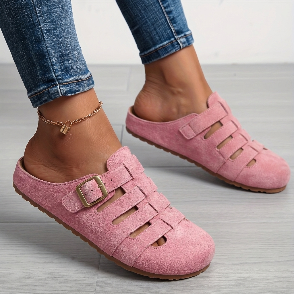 Women slip-on mule sandals with orthopedic footbed and adjustable buckle