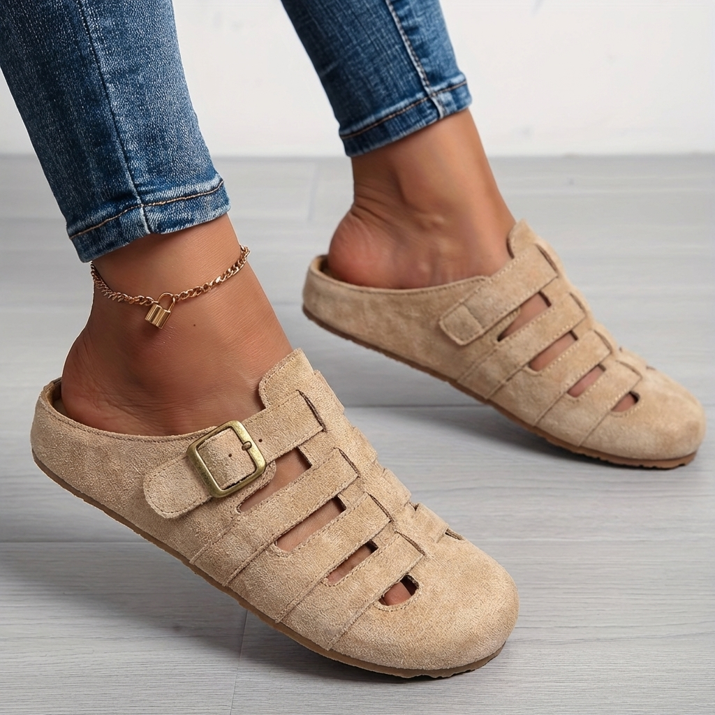 Women slip-on mule sandals with orthopedic footbed and adjustable buckle