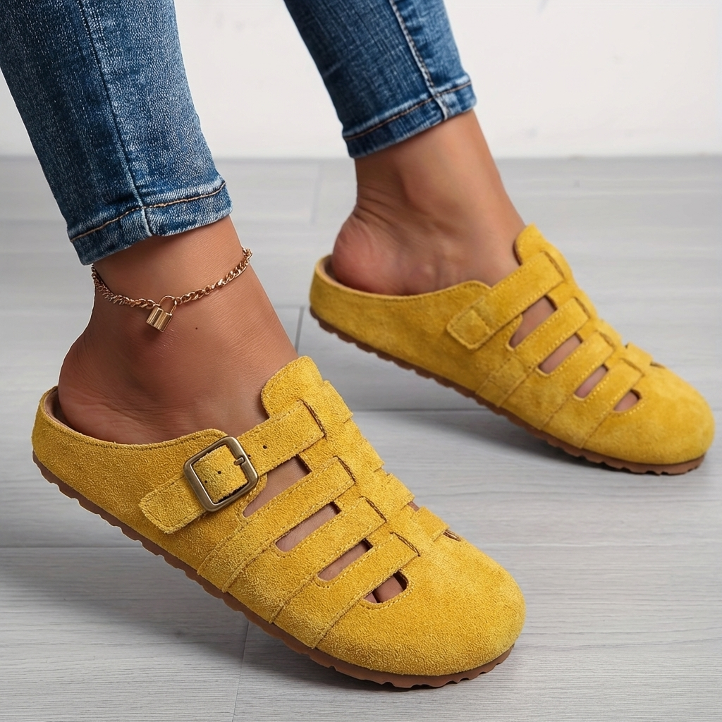 Women slip-on mule sandals with orthopedic footbed and adjustable buckle